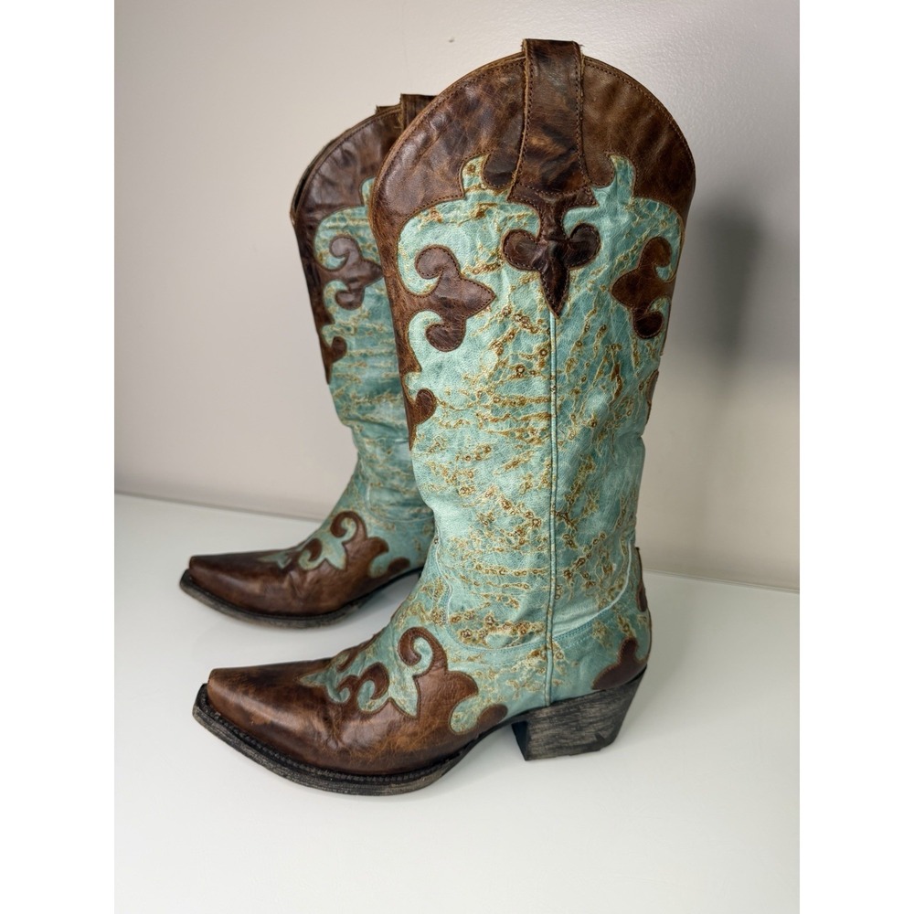 Women's Lane Dawson Brown & Turquoise Western Cowboy Boots Size 7 Pull-On
